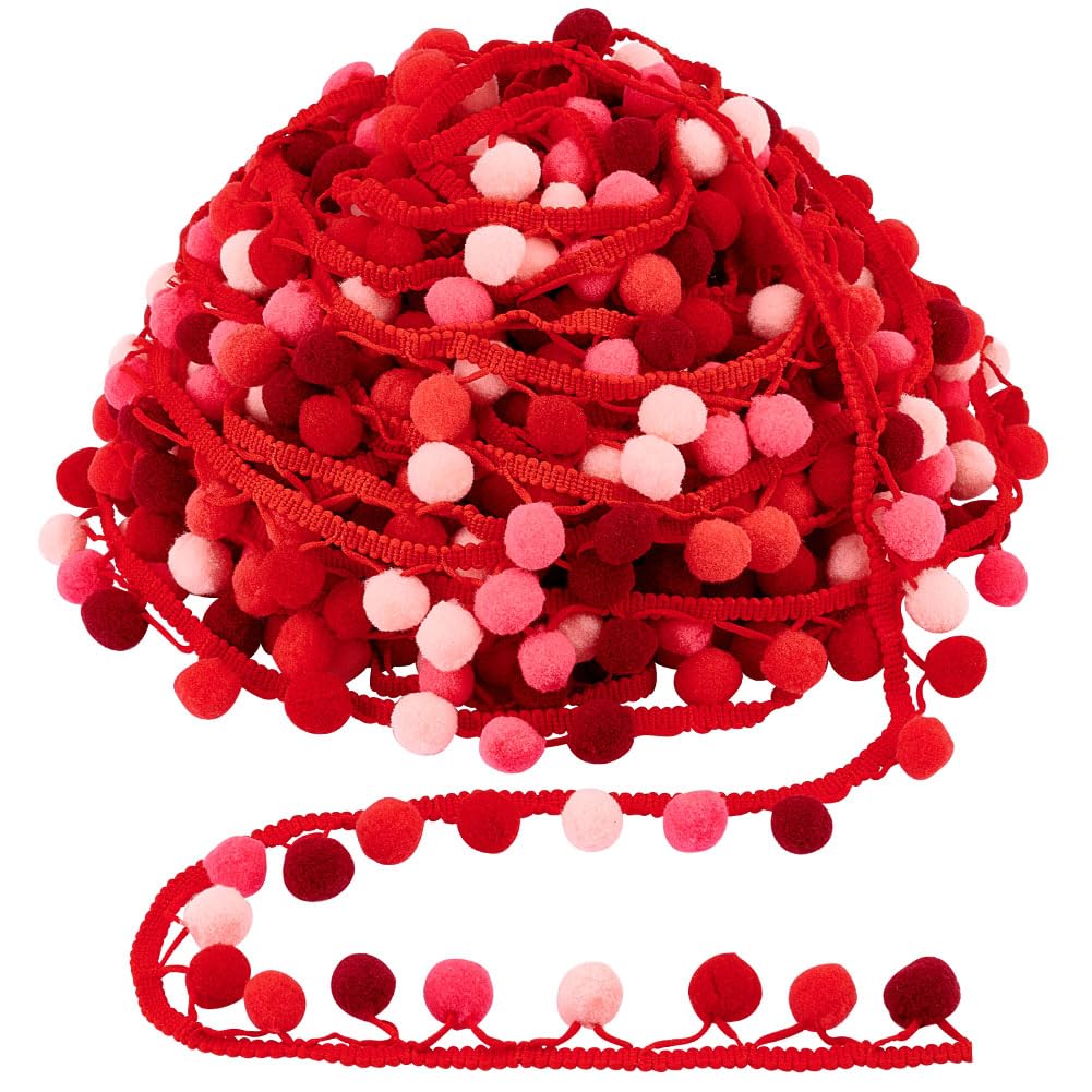 AHANDMAKER 6.5 Yards Pom Poms Fringe Ball Trim, Pom Poms Tassel Trim Pom Fringe Tassel Lace Pom Pom Trim Ball Fringe Ribbon Tassel Sewing Tassel Lace for DIY Crafts Sewing Party Decoration, Red