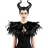 L'VOW Women Gothic Black Feather Cape Shawl with Demon Ox Horns Halloween Crow Queen Costume