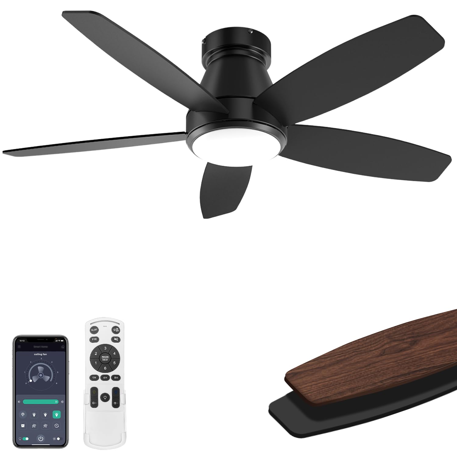 Photo 1 of AQUBT Ceiling Fans with Lights, 42 inch Ceiling Fans with Lights and Remote, Dimmable, Noiseless, Low Profile Ceiling Fan with Light for Bedroom, Indoor and Outdoor Use(Black)