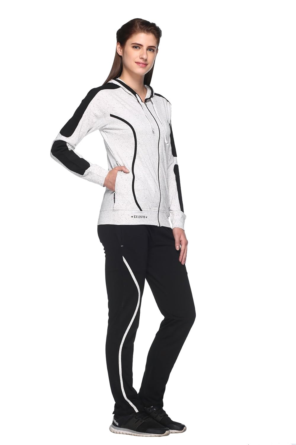 ex10sive women's front zipper cotton blended active wear top and bottom set