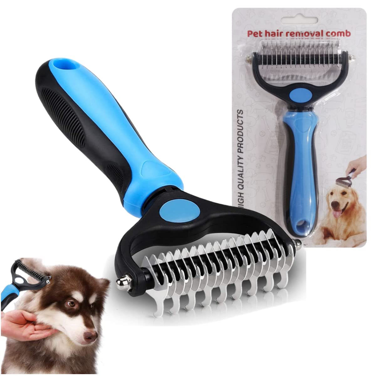2 In 1 Pet Grooming Tool Dematting Comb for Dogs & Cats 2 Sided Undercoat Rake Deshedding Tool Cat Matted Fur Remover For Long Haired Cat Dog Tangles Removing (Blue)