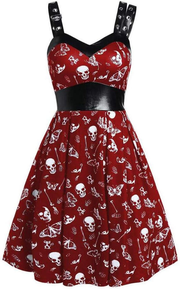 Rifuli Dresses for Womens Halloween Vintage Skull Print A Line Evening Party Sweetheart Collar Dress