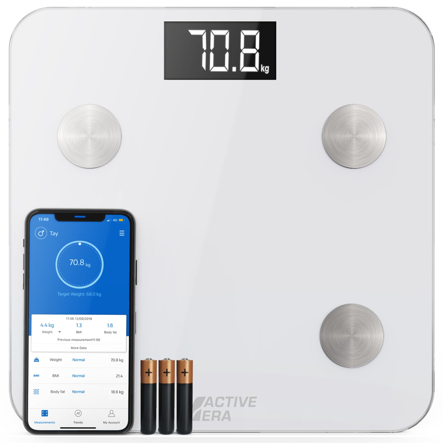Active Eraยฎ Smart Body Fat Scales - Bluetooth Digital Bathroom Scales with 15 Essential Features - High Precision Body Weight, Body Mass Index (BMI), Visceral Fat - Free Smartphone App (White)
