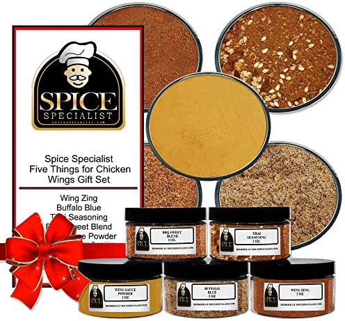 Five Things for Chicken Wings Gift Set - Contains: 5 Plastic Jars (1 each of: Wing Zing, Wing Sauce Powder, BBQ Sweet Blend, Thai Seasoning and Buffalo Blue)