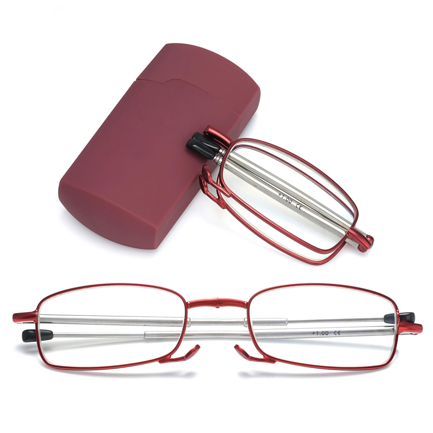 VEVESMUNDO Blue Light Blocking Folding Reading Glasses Portable Compact Small Slim Reader in Tube Case (Red, +1.0)