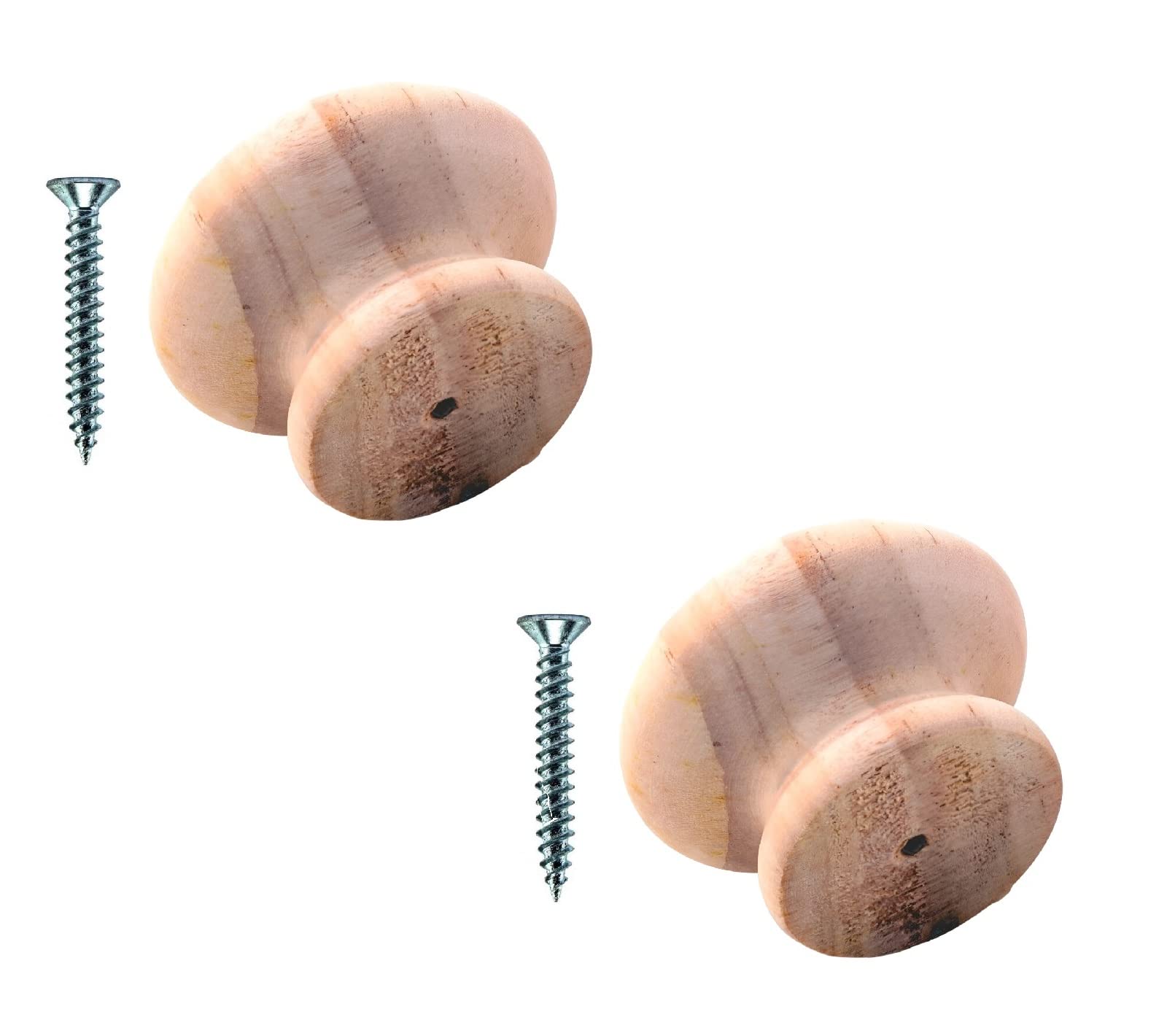 TERF® Traditional Unlacquered Pine Wooden Cupboard Cabinet Door Knob 60mm Drilled Wood Knob with Fixing for Chest Drawer Cupboard Kitchen Wardrobe Door Pull Handle Knobs - Pack of 2
