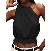 IDEALSANXUN Womens Crop Linen Halter Tops Summer High Neck Tank Tops Sleeveless Shirts