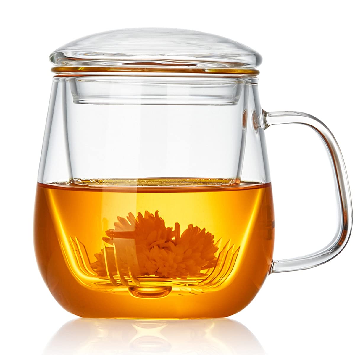 Dopudo Pavillion Glass Tea Cup with Infuser and Lid, 17.6oz/520ml Borosilicate Glass Large Mug for Loose Leaf & Blooming Tea, Clear