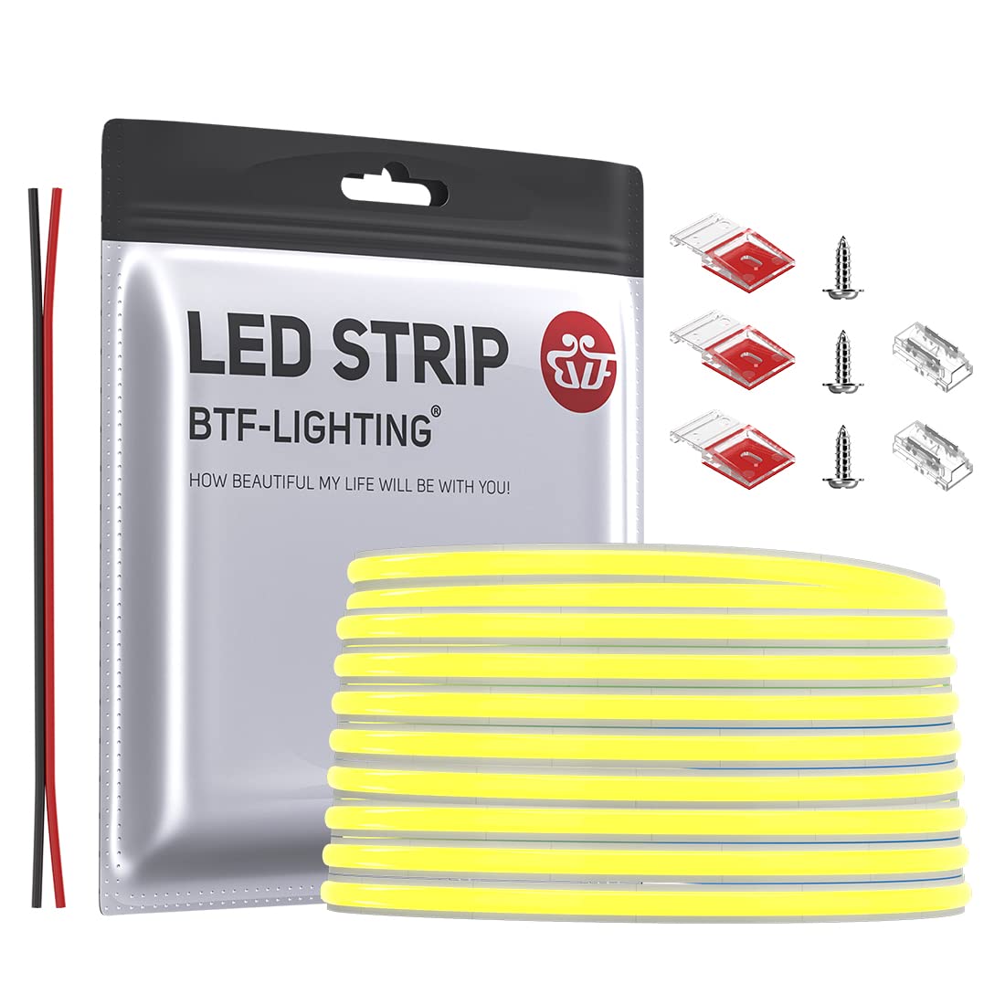 BTF-LIGHTING FCOB COB Warm White 3000K Flexible High Density Light Dimmable LED Strip CRI90+ 5M 480LEDs/m 2400LEDs DC12V 10W/M 5mm Width Flexible FOB LED Strip for DIY Indoor Lighting Projects