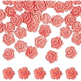 SUNNYCLUE 1 Box 50PCS 10mm Pink Rose Flower Beads Carved Rose Beads Synthetic Coral Shell Cinnabar Floral Loose Prayer Spacers for Jewelry Making Beading Bracelet Scrapbooking valentine's day DIY