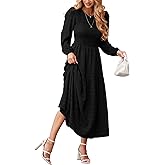 dowerme Women's Dresses 2026 Spring Puff Long Sleeve Crewneck Smocked Tiered Flowy A-Line Boho Wedding Party Maxi Dress