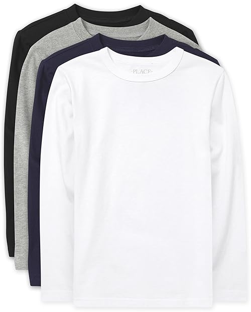 The Children's Place boys Long Sleeve Basic Layering T-shirt T Shirt, Black/New Navy/Smoke/White 4 Pack, XX-Large US