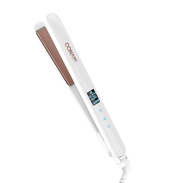 CONAIR DOUBLE CERAMIC FLAT IRON, 1-INCH FLAT IRON, 5 DIGITAL TEMP SETTINGS UP TO 410°F, EXTRA-LONG PLATES, FOR ALL HAIR TYPES AND TEXTURES, WHITE