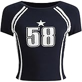 IDEWO Y2k Jersey Graphic Baby Tees for Women Summer Short Sleeve Crop Tops Slim Fit T Shirt 90s Vintage Streetwear