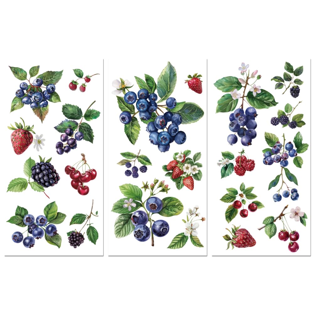 Peacoblue Rub on Transfer Decals for Furniture Crafts 6"x12", 3Pcs Berries Waterproof UV DTF Transfer Decals Sticker for Dresser Lingerie Chests Drawer Glass Porcelain Wood Kitchen Refrigerator Decor