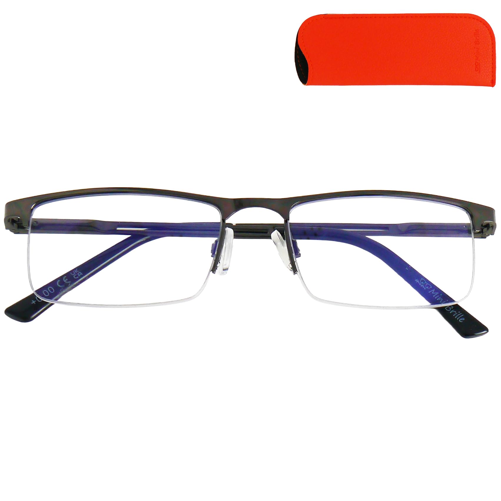 Mini Brille - Classic Metal Blue Light Blocking Reading Glasses, Half Frame (Graphite) and Rectangle Lenses, Case and Cloth included, Women and Men Anti Blue Light Filter +1.00 Magnification