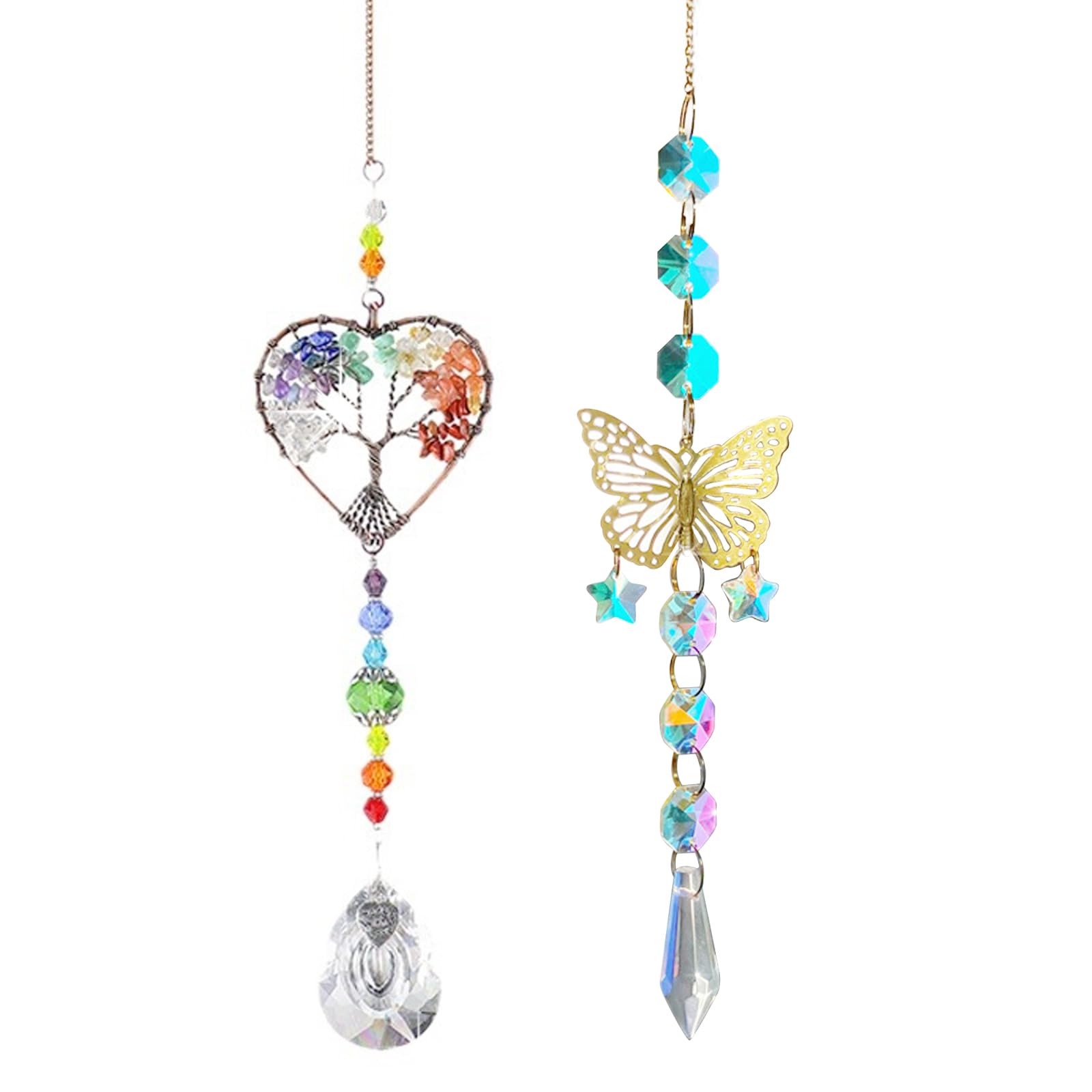 TYXHXTF 2 Pieces Crystal Sun Catcher, Tree of Life and Butterfly Wind Chimes, Sun Catcher for Windows and Gardens, Hanging Prism for Home