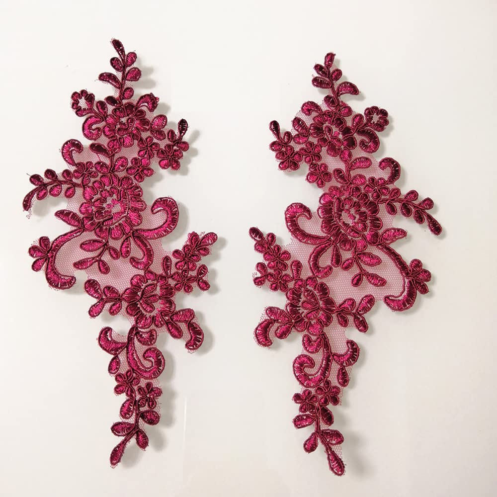 4 X Corded Embroidery Floral Lace Applique Wedding Motif Sew On Size: 25 cm x 12 cm :#39A (Burgundy) — image 1