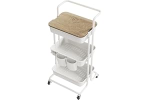 DTK 3 Tier Rolling Utility Cart with Cover Top Board, Movable Kitchen Storage Cart Trolley with Lockable Wheels, Cups, Hooks for Kitchen Bathroom Home Office Art Craft Storage and Organization(White)