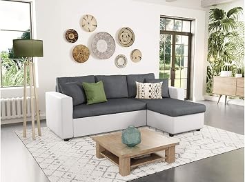 Loungitude Canapé Dangle Réversible Convertible Avec Coffre En Pu Blanc Et Mf Grise