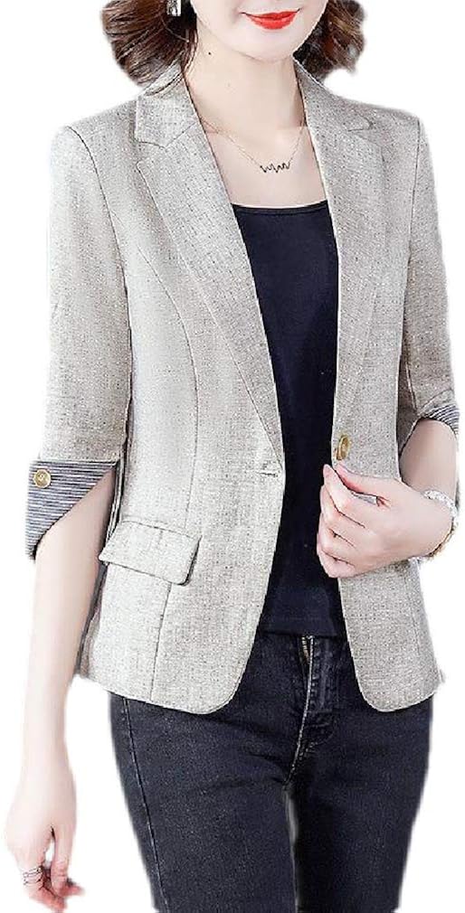 Gnao Women Cotton Linen 3/4 Sleeve Summer Slim Formal Work Blazer