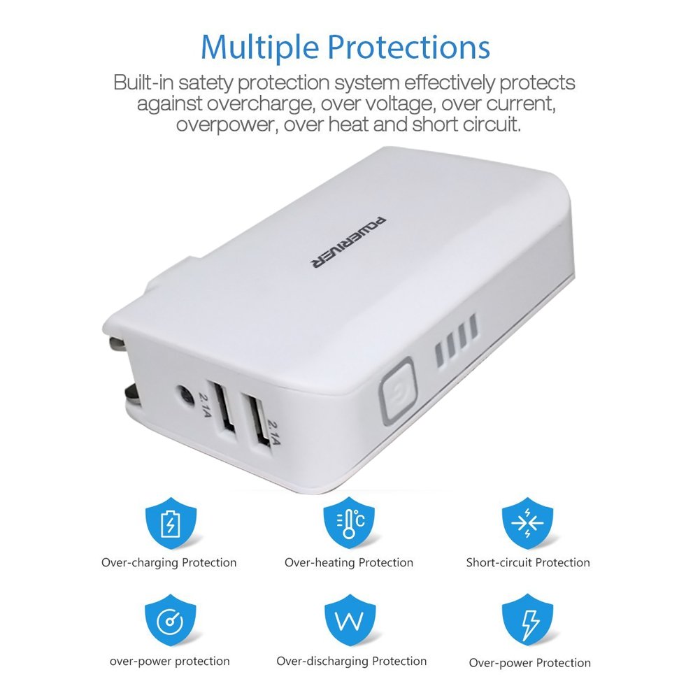Wall Charger Power Bank, Poweriver Battery Portable Charger, 2-in-1 5000mAh with Foldable AC Plug for iPhone, iPad, Android, Tablets, Samsung Galaxy and More-White