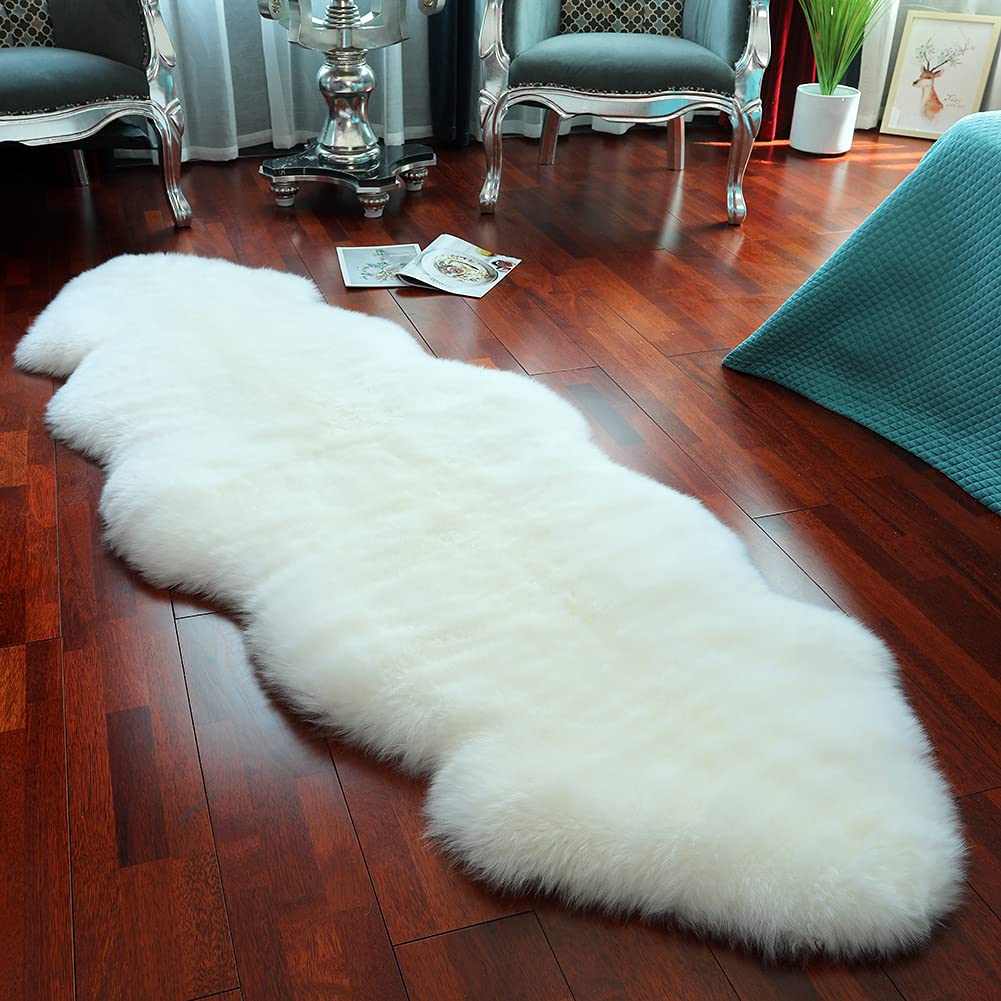 Photo 1 of (USED/FAIR) (MINOR COLOR CHANGE) LLB Genuine Sheepskin Area Rug Wool Rug Fur Carpet Fluffy Shaggy Fur Rug for Living Room Kids Bedroom Real Sheepskin Throw Lambskin Rugs Sofa Mat Chair Seat Covers (Ivory White, 2 x 6 ft Sheepskin)