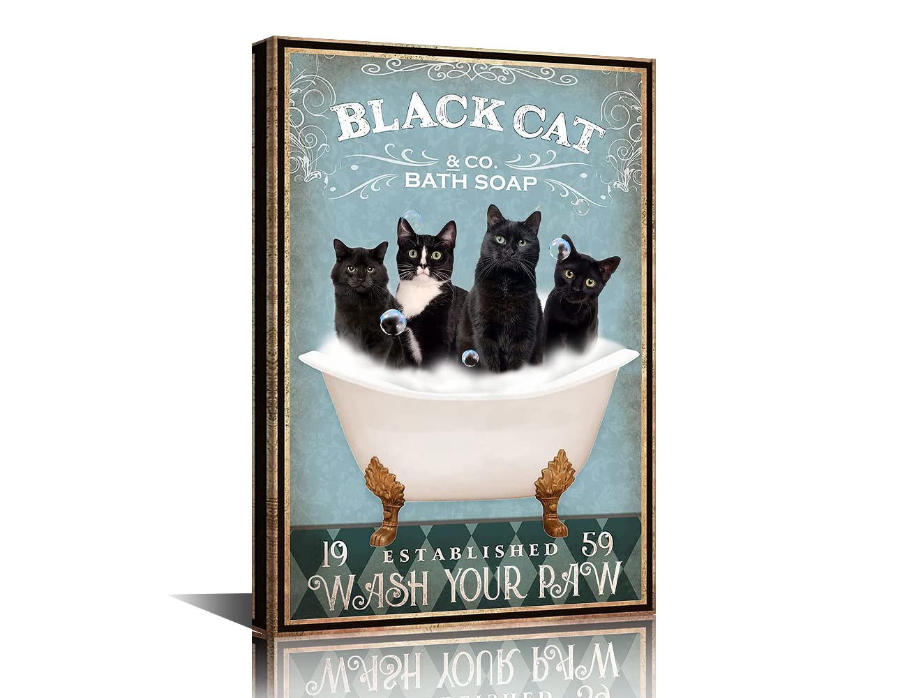Funny Black Cat Decor - Vintage Wall Art Canvas Framed Gifts for Women & Men - 18"W x 12"H