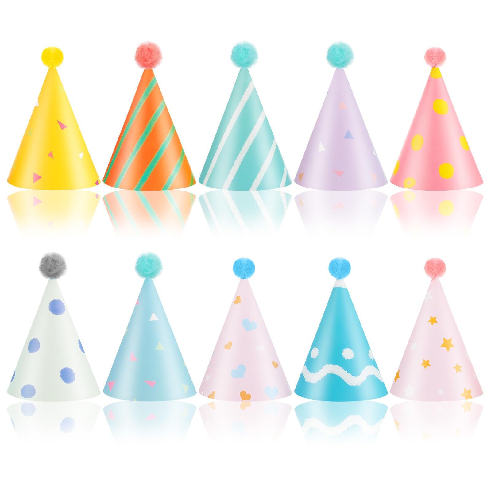 Tucnoeu 10pcs Birthday Party Hats,Colorful Party Hats for Kids Adults, Cute Cat Parties Hat with Pom Poms for Kittens Dogs and Stuffed Animals, Adjustable Cone Hat for Birthdays and Celebrations