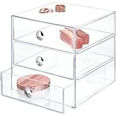AJIODA Makeup Drawer Organizer Box with 3 Drawers, Acrylic Cosmetic Display Case Vanity Organizer Jewelry Storage Box Stackable Storage for Cosmetics, Skin Care, Bathroom, Countertop, Silver Handle