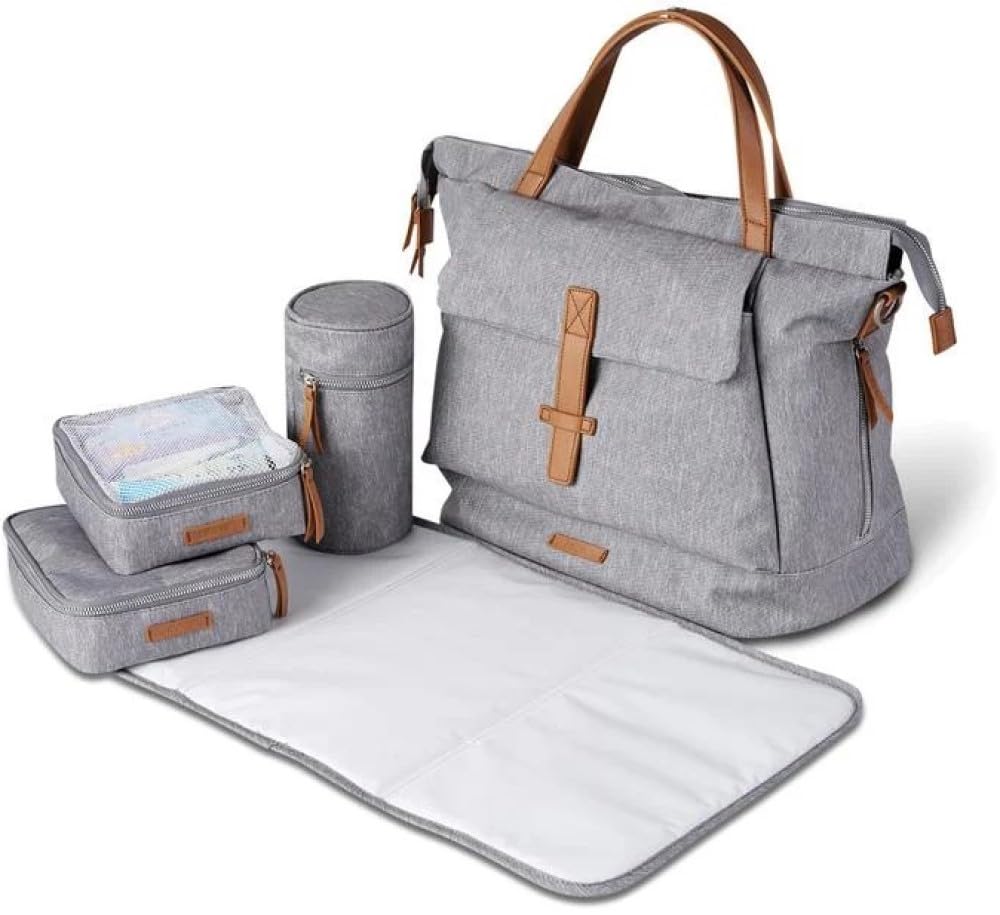 baba bing | Erin Tote Style Large Baby Changing Bag | Multi-Way Baby Essential Backpack with Adjustable Shoulder Straps | Thermally Insulated Backpack with Bottle Holder | Grey