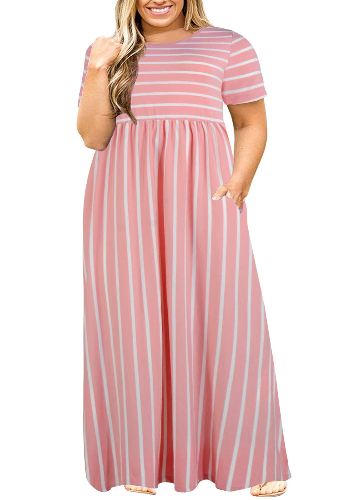 Nemidor Plus Size Maxi Dresses for Curvy Women Summer Casual Loose Short Sleeve Long Beach Dress with Pocket(149,16,Pink Stripe) Image