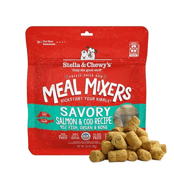 STELLA & CHEWY’S FREEZE-DRIED RAW SALMON & COD MEAL MIXERS- DOG FOOD TOPPER AND MIXER – MADE WITH 95% WILD-CAUGHT SALMON & COD, ORGANS & BONE – PERFECT FOR PICKY EATERS – GRAIN-FREE – 3.5 OZ