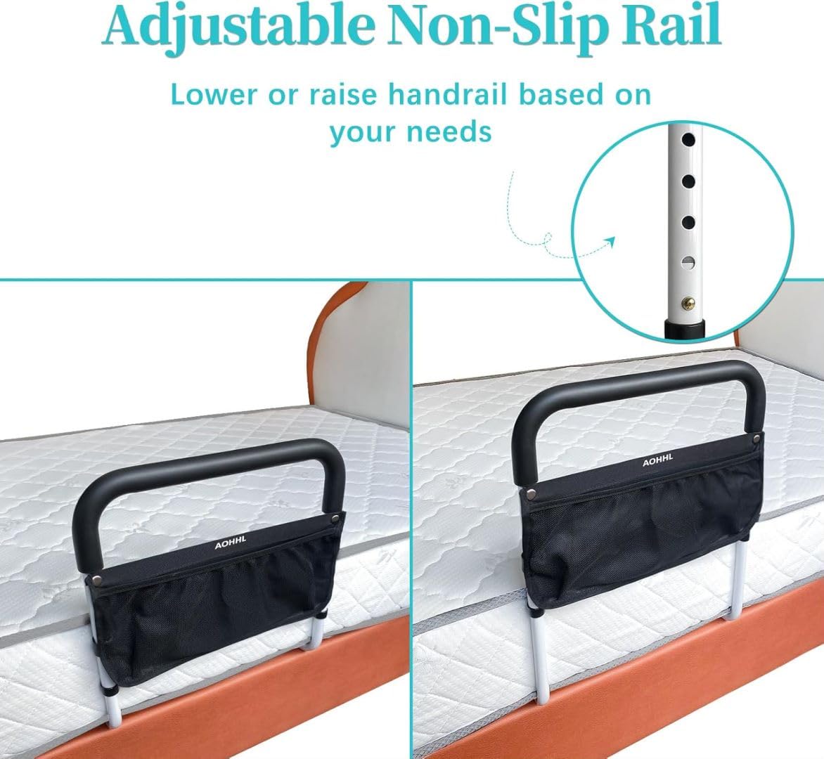 Bed Rails for Elderly Adults Safety with Adjustable Heights Storage Pocket Assist Support Side Railings for Seniors Citizens Slides Under Mattressbed Cane Bed Guard Bed Handles Bars(White)