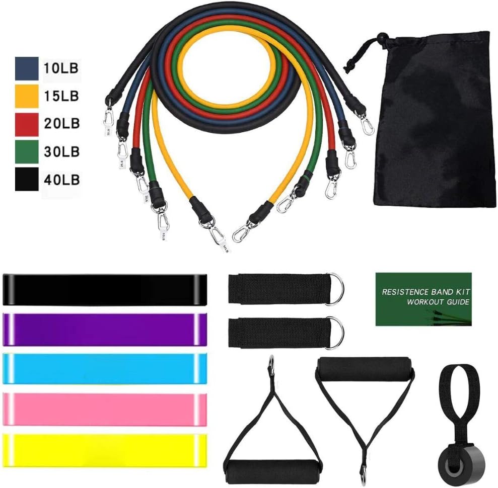 Resistance Bands Set Exercise Bands, Home Workouts with 5 Fitness Tubes, 5 Loop Bands, 2 Foam Handles, 2 Ankle Straps, Door Anchor, Carrying Pouch-Yoga, CrossFit, Pilates for Physio Home Gym Equipment