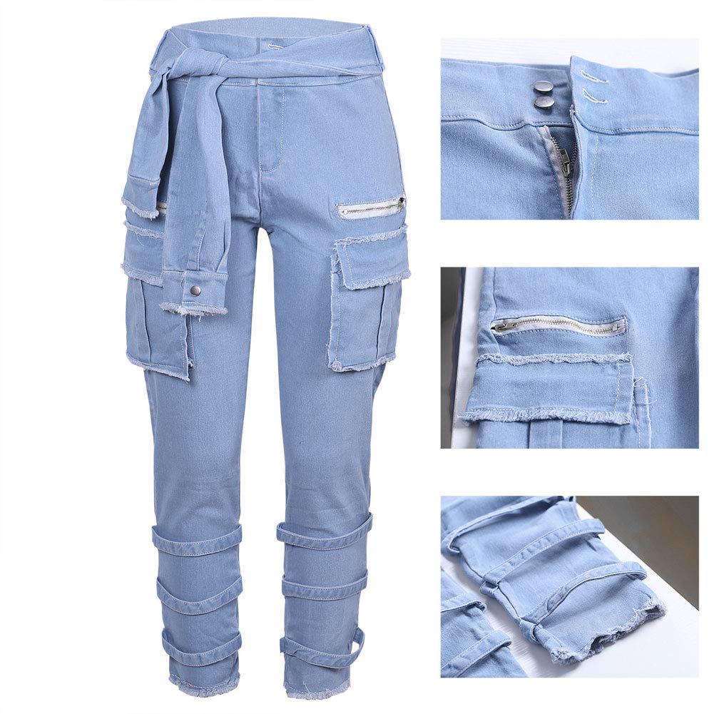Ophestin Women\'s Ripped Jeans Pencil Pants Denim Pants High Waisted Skinny Leggings Trousers Blue