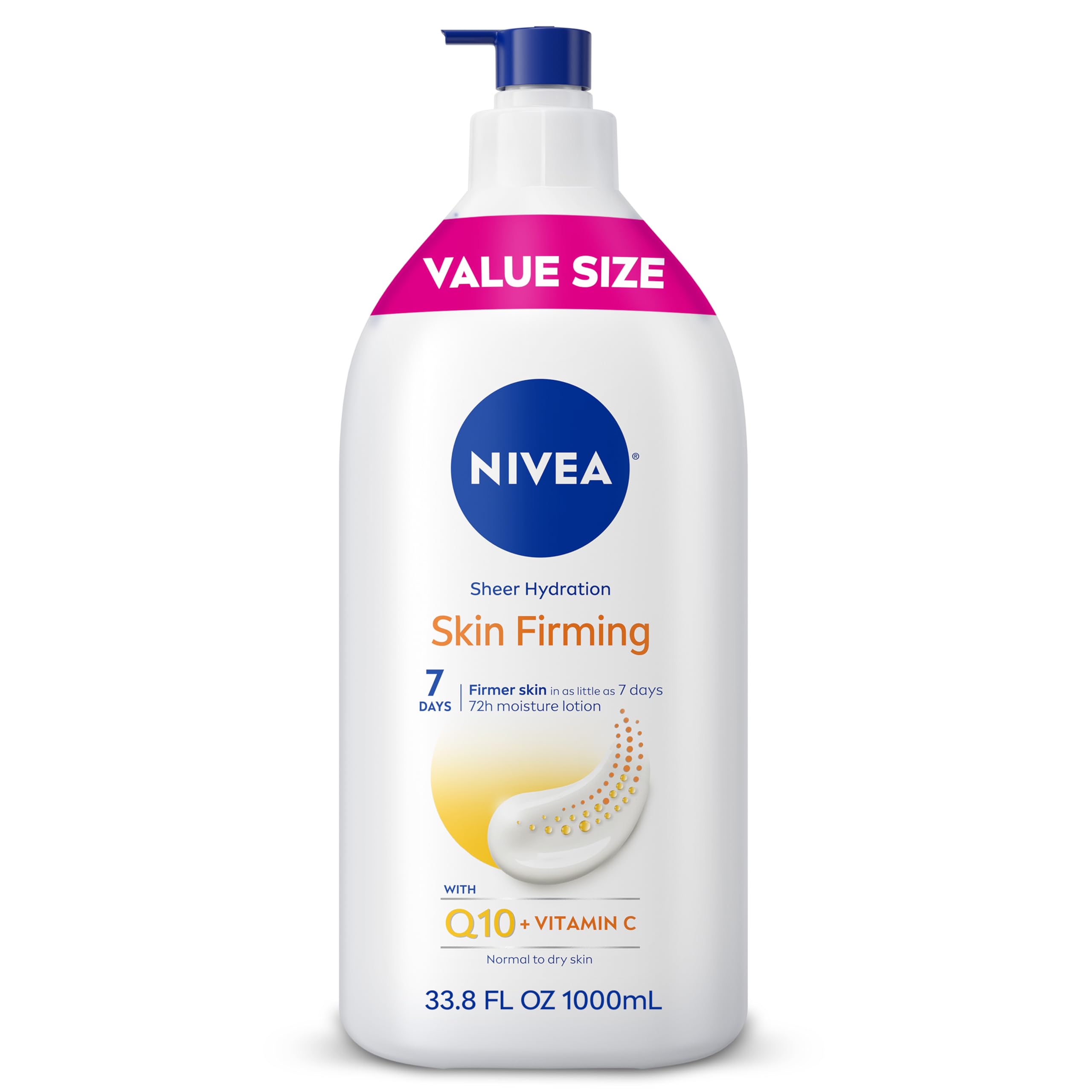 Photo 1 of **PUMP TIP BROKEN*** NIVEA Sheer Hydration Skin Firming Body Lotion with Q10 and Vitamin C, 72-Hour Body Moisturizer for Normal to Dry Skin, 33.8 Fl Oz Value Size Pump Bottle