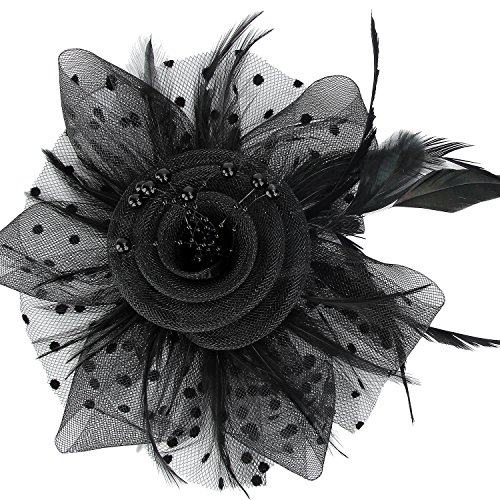 Acecharming Fascinators for Women, Feather Sinamay Fascinators with Headbands Tea Party Pillbox Hat Flower Derby Hats(Black-Pearl)