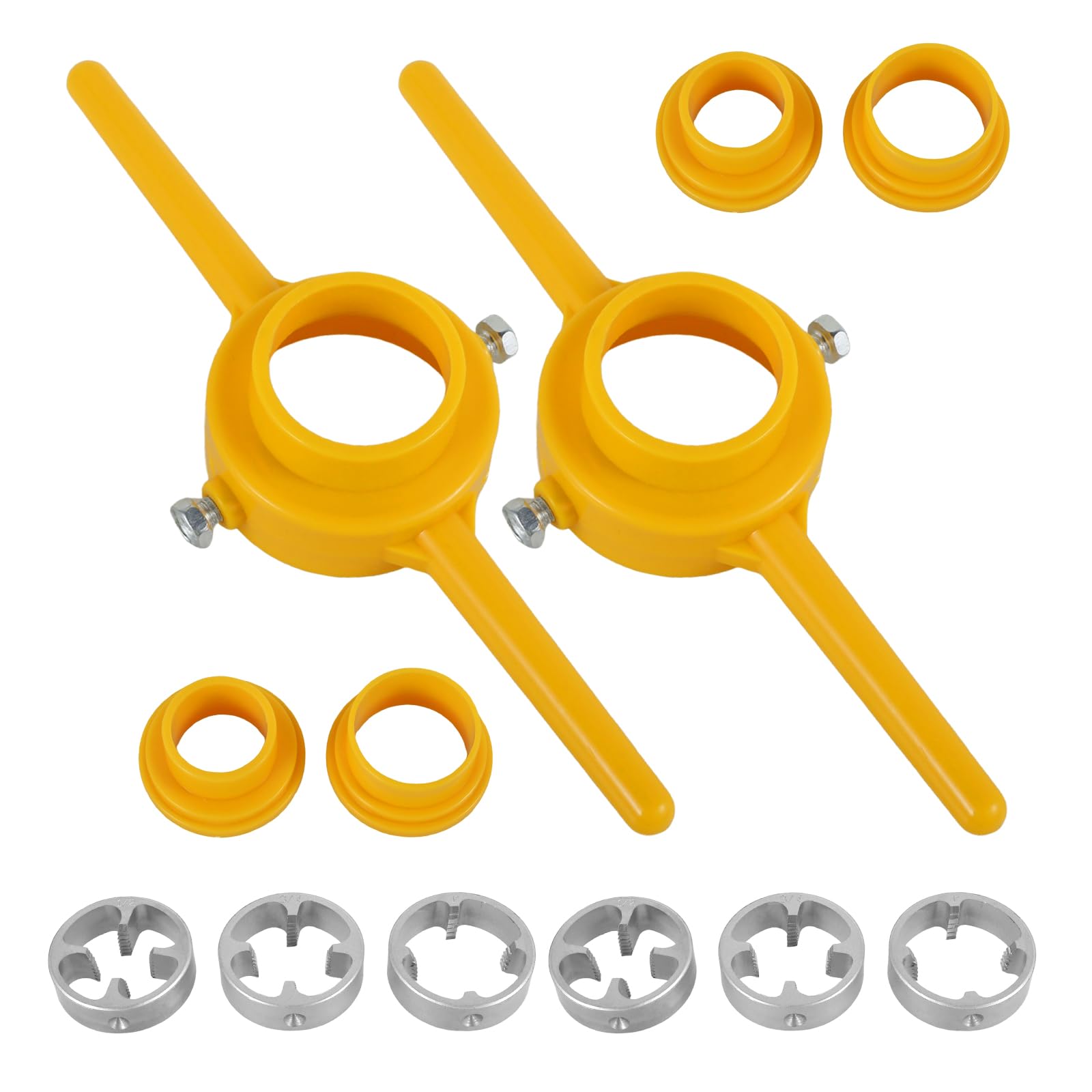 Photo 1 of Abizarch 12Pcs PVC Thread Maker Tool Kit, Pipe Threader Plumbing Manual Hand Tool,with 1/2NPT 3/4 Inch 1 Inch Die Wear Resistant Pipe Round Die Set,NPT Circular Die Set for PVC Plastic Pipe(yellow)
