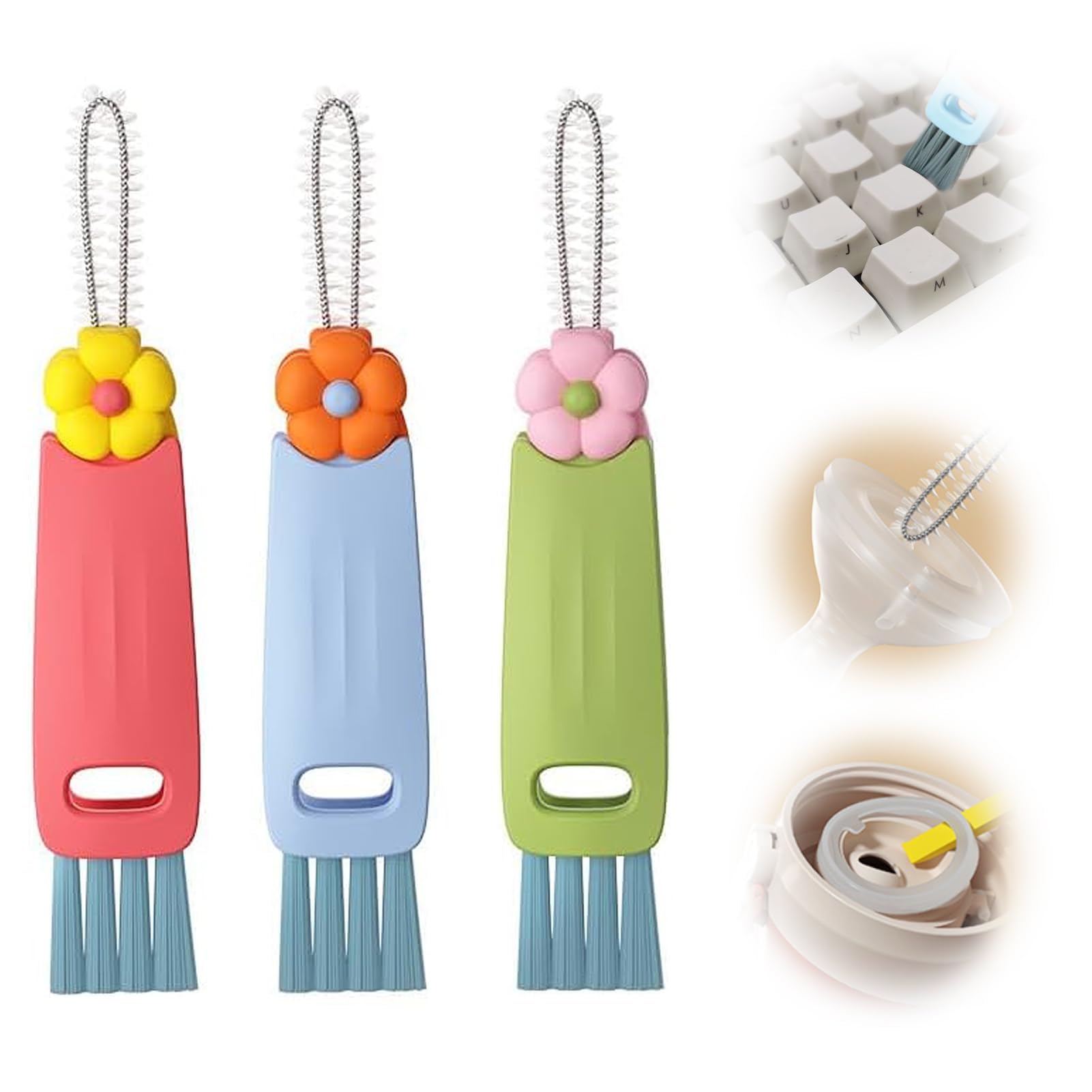 3 in 1 Cleaning Brush for Cup Lids, New Multifunctional Cleaning Brush, Portable Cup Lid Gap Cleaner with Brush, Stiff Bristle Kitchen Crevice Tool for Water Bottles, Mugs and Teapots