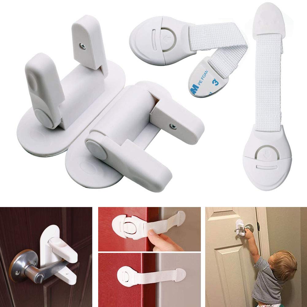 Door Lever Lock 2 Pack and Safety Strap Locks 2 Pack, Child Proof Doors Handles Baby Proof Cabinets, Doors & Appliances with 3M Adhesive