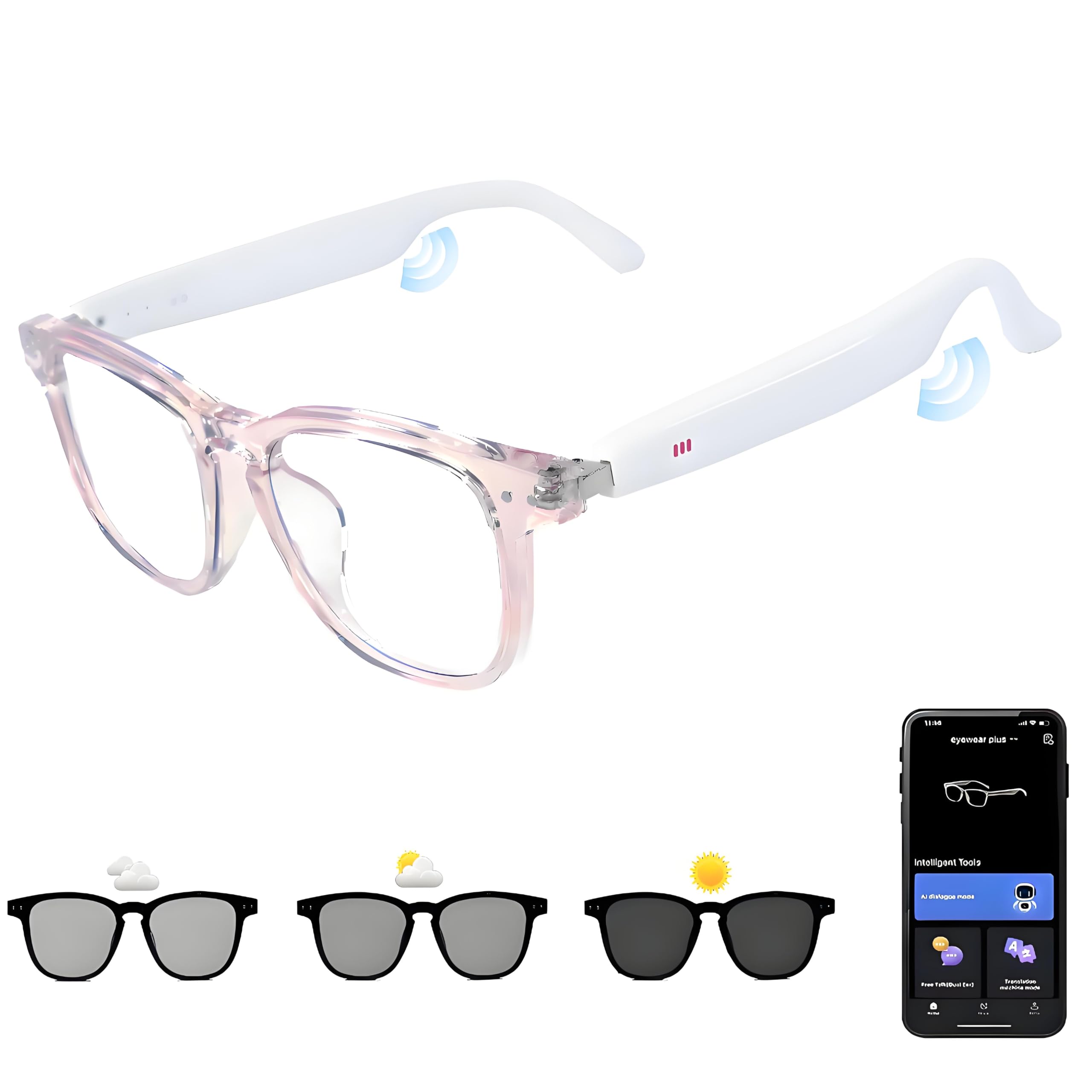 Photo 1 of AI Smart Glasses, Anti Blue Light Bluetooth Translation Glasses with 164 Hands-Free Calls & Audio Multifunctional Smart Sunglasses for Men Women Travel Trade Business (KL01-White-Color-Change-Lens)