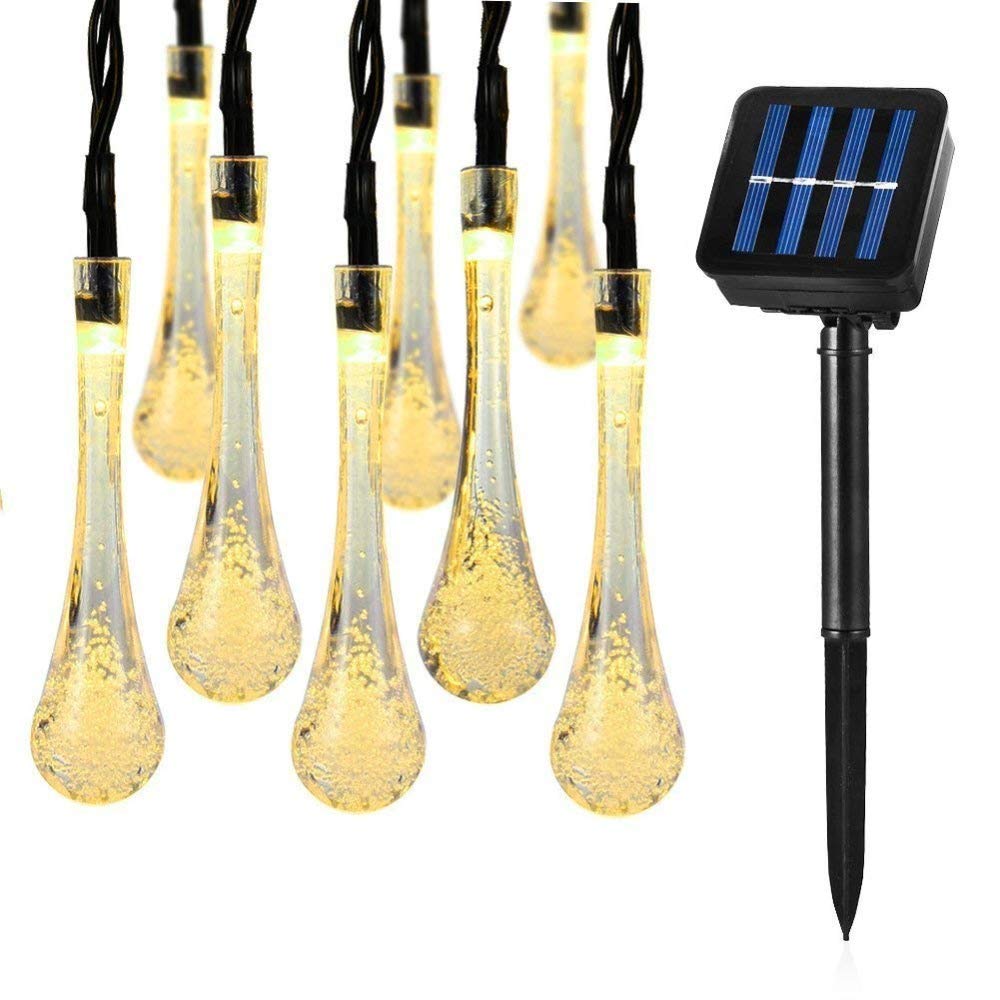 Fantes Solar String Light 30 LED Waterproof Water Drop String Fairy Lights Outdoor Garden Patio Backyard Christmas Party Decoration Solar Lights (Warm White, 30 LED - 6.5M)