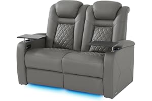 SOOTHROOM Home Theater Seating, Classic Series Leather Movie Theater Chairs, Power Headrest and Memory with C-Type USB Charger, 7-Color Ambient Lighting and Tray Table, Gray Power Adjustable Recliner(Row of 2L)