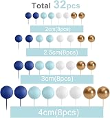 ASTARON 32 Pcs Ball Cake Toppers Foam Balls Blue Gold 4 Sizes 8 Each view 2