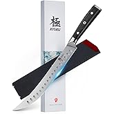 KYOKU 10" Scimitar Knife, Samurai Series Cimitar Breaking Knife with Pakkawood Handle, Japanese Style High Carbon Steel Butcher Knife, Full Tang Meat Slicing Knife for Roast Ham with Sheath and Case