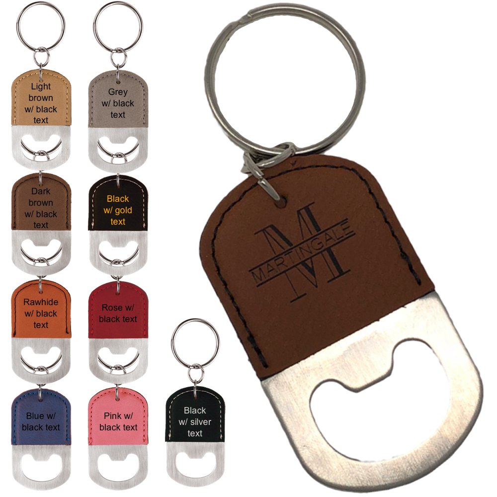 Personalized Engraved Leatherette Bottle Opener Keychain - Groomsmen gift, wedding party favor, (Light brown w/ black engraving)