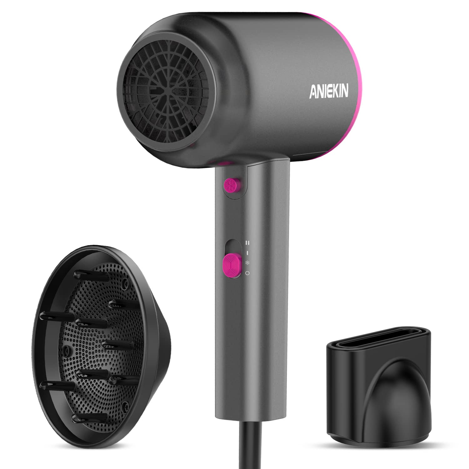 ANIEKIN Hair Dryer with Diffuser, 1875W Ionic Blow Dryer, Professional Portable Hair Dryers & Accessories for Women Curly Hair, Grey