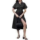 calbatic Women Striped Button Down Pleated Shirt Dress Summer Short Sleeve Ruffle A Line Swing Long Blouse Midi Long Dress