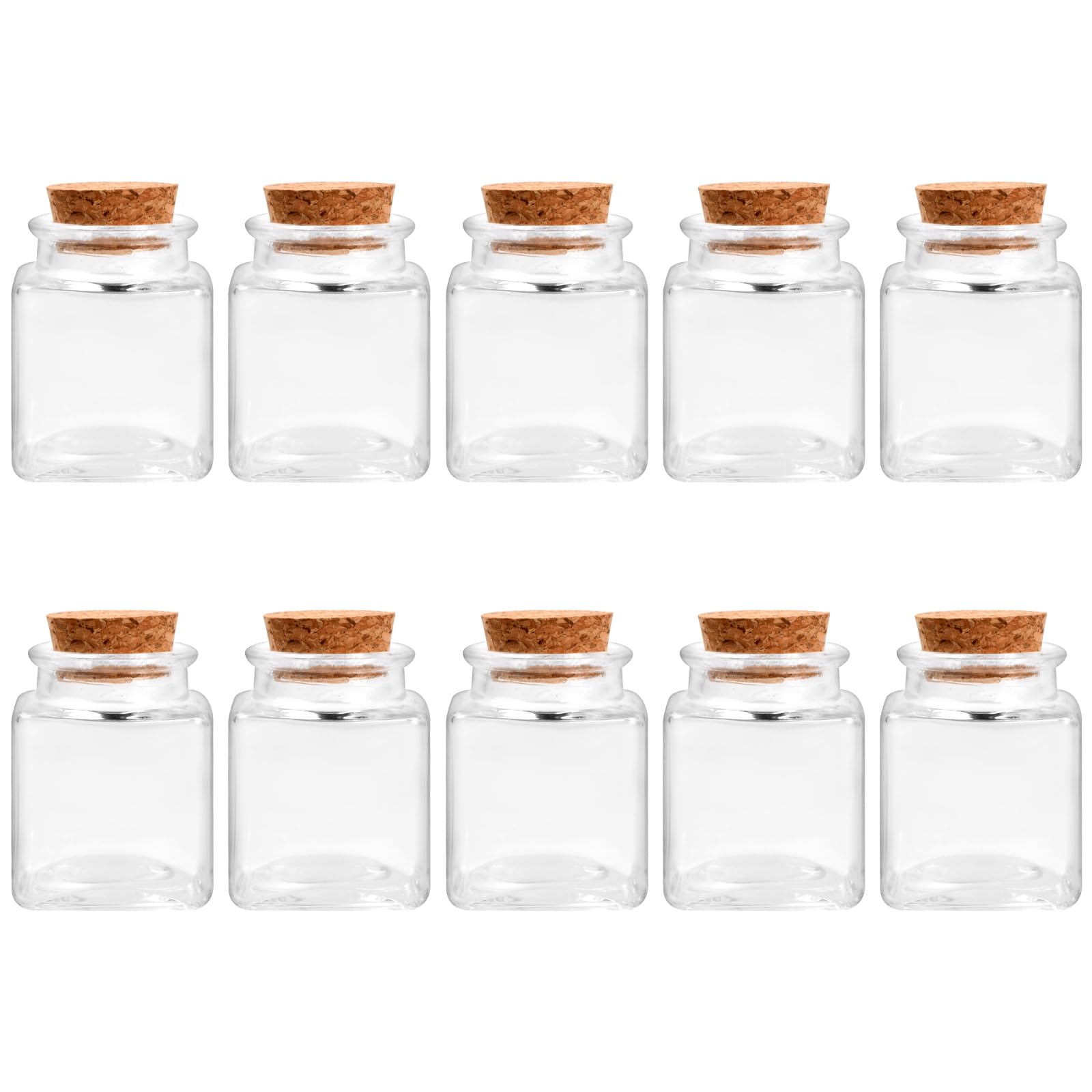 Catime 10 Pack Mini Glass Bottles with Cork Lids 50ml, Clear Spice Jar Square, Glass Pudding Jar, Potion Bottles for Wedding Favours Party Kitchen Jam